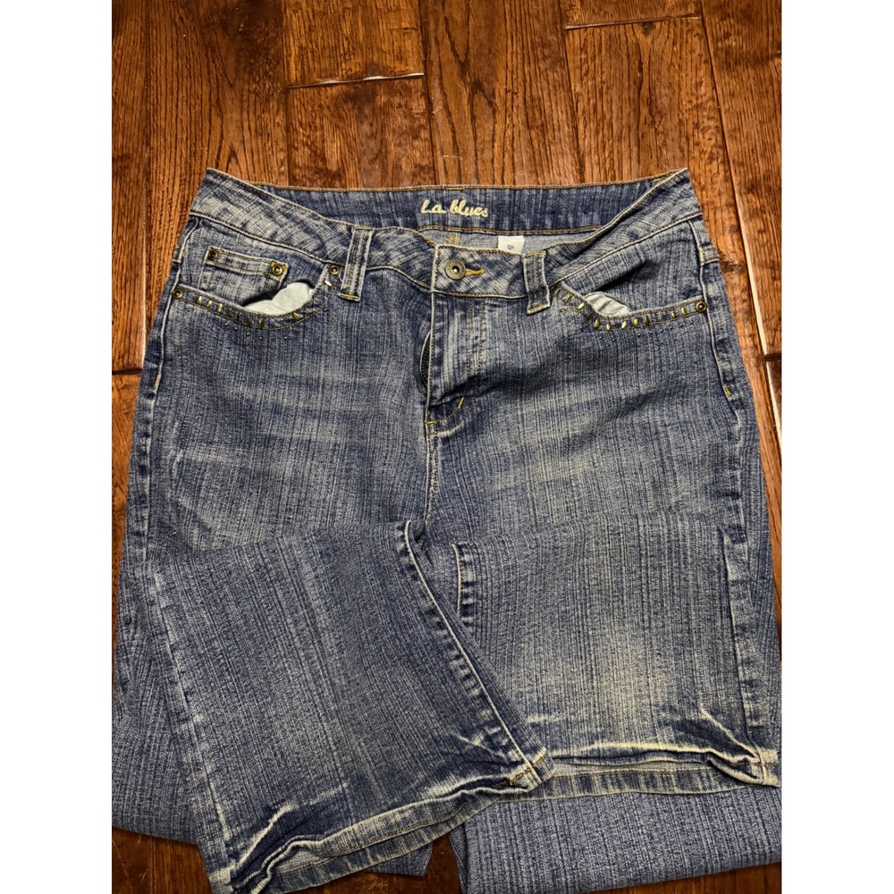 La Blues Womens Petite 12P‎ Bootcut Jeans Studded Pockets Medium Wash Denim